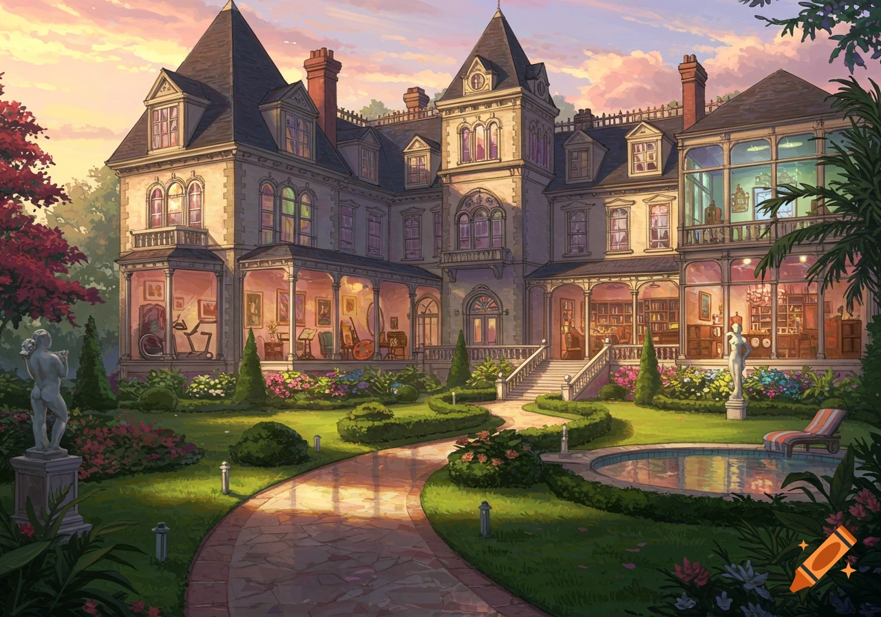 An illustrated mansion with a grand garden, a curved path, and a swimming pool under a sunset sky.