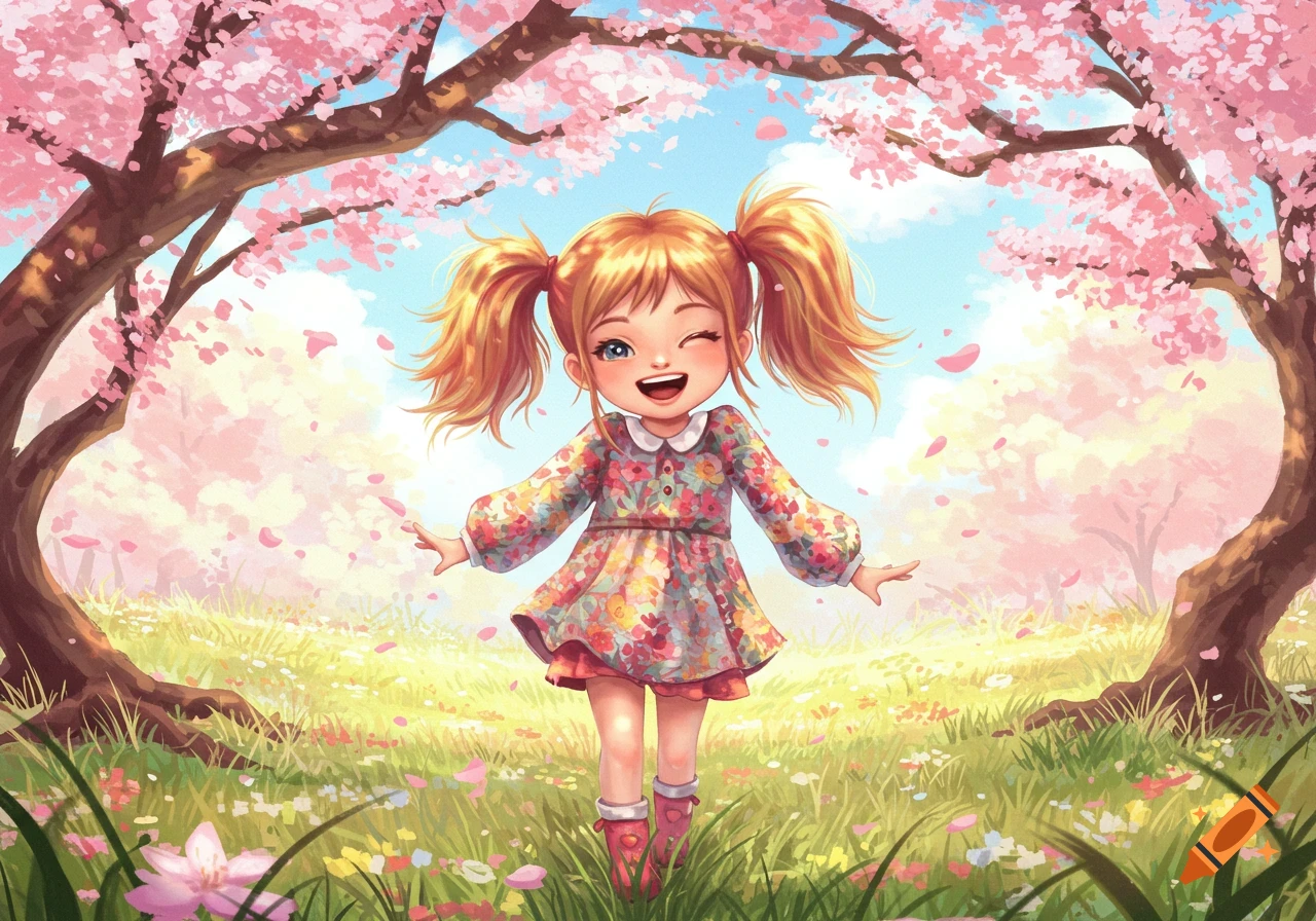 A cheerful cartoon girl with pigtails winks, standing in a blooming spring field under pink cherry blossom trees. Illustrative style.