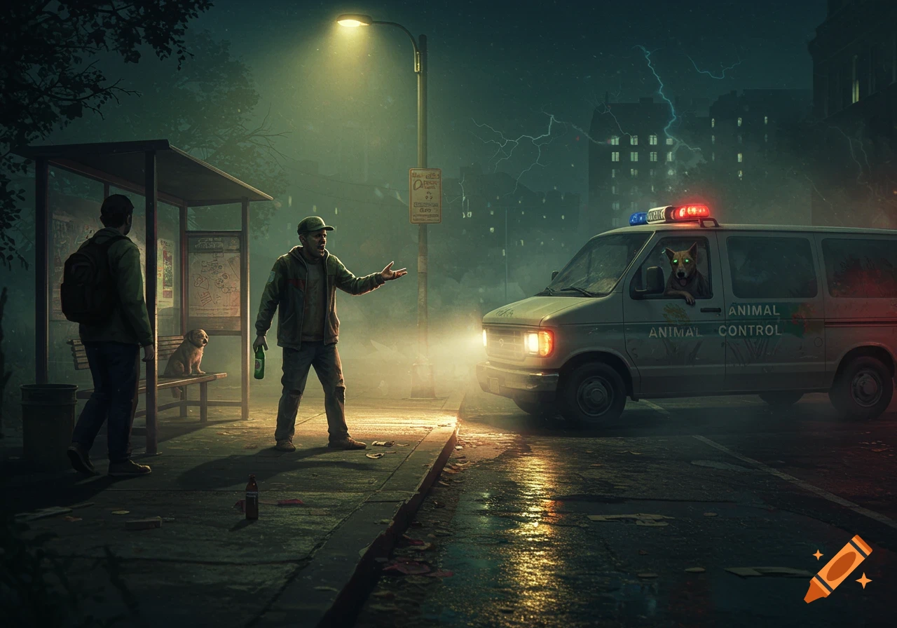 A man gestures at an animal control van on a rainy night street under a streetlamp, a dog looks out the van window, another man and dog are at a bus stop.