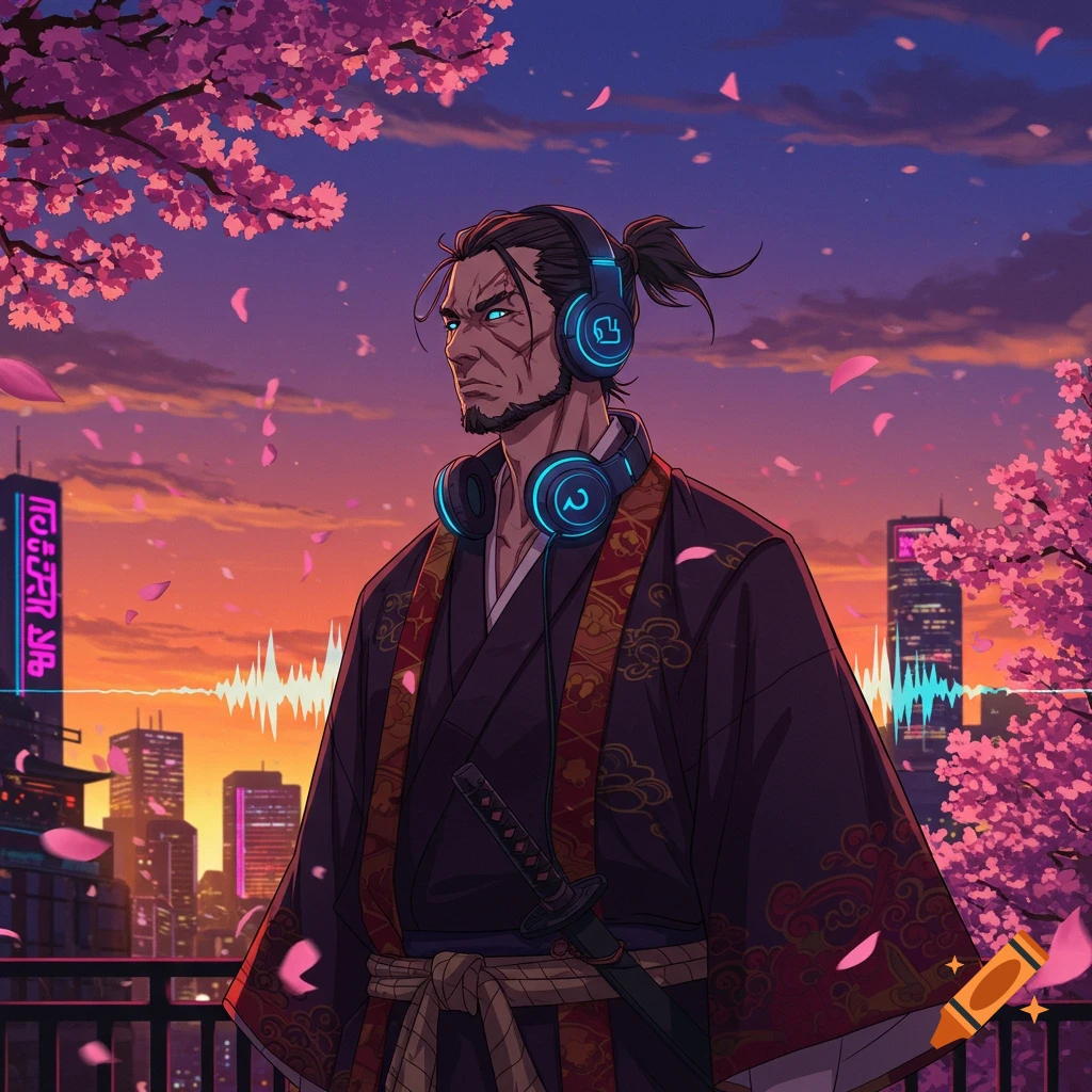 Anime-style samurai with glowing headphones under cherry blossoms, city skyline at sunset.