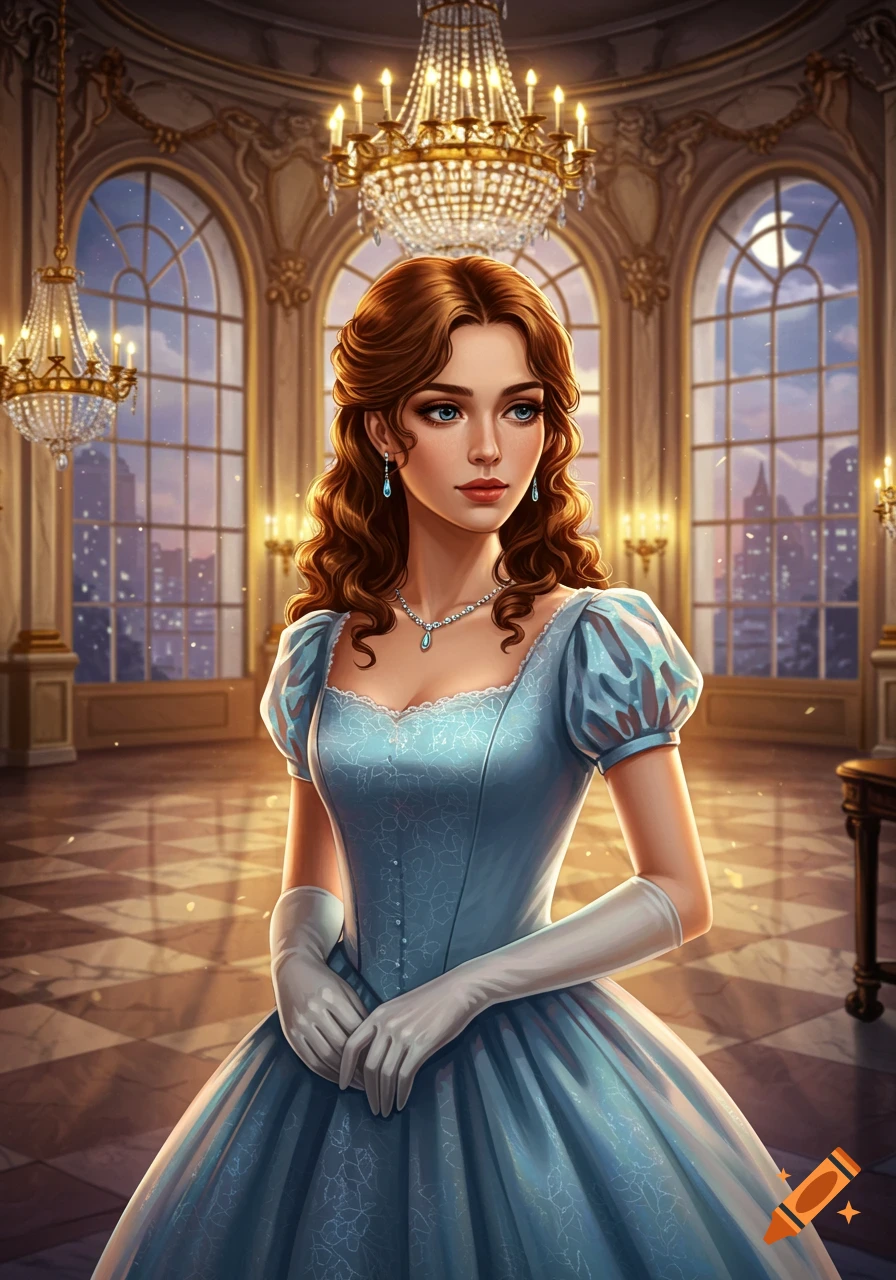 A beautifully illustrated woman in a blue ball gown and white gloves stands gracefully in a grand ballroom with large windows and chandeliers.