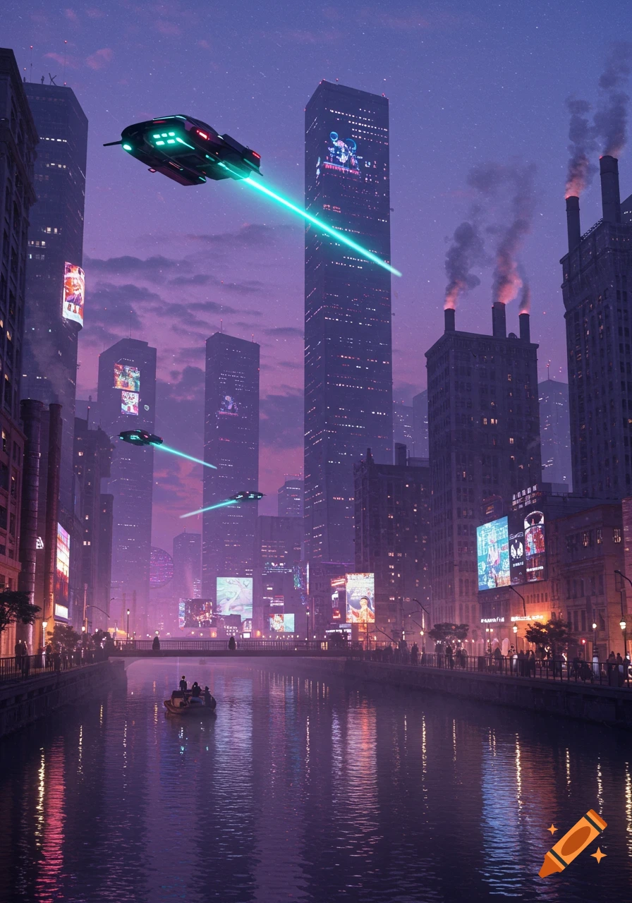 A futuristic city at dusk with neon-lit skyscrapers, flying vehicles, and a river reflecting the purple sky.