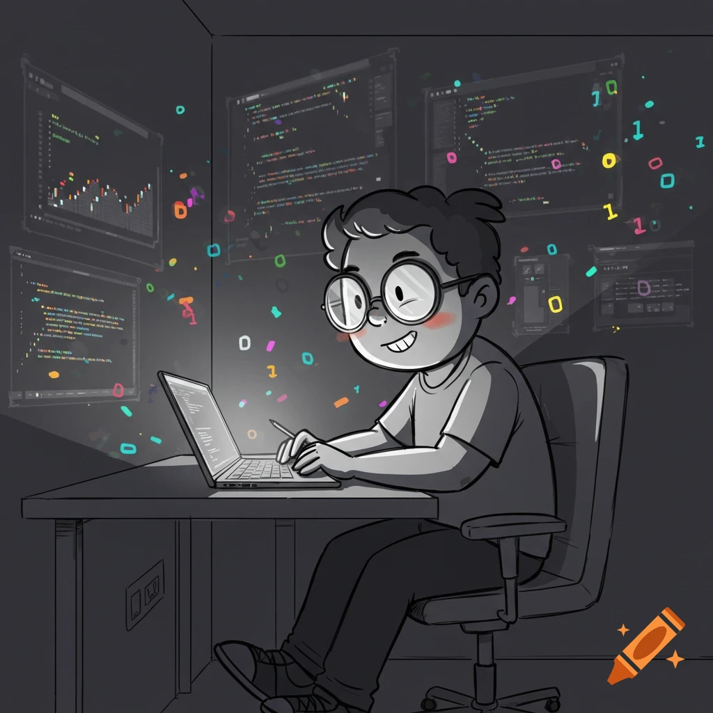 A happy, minimalist cartoon coder with glasses works on a laptop at a desk, surrounded by glowing screens displaying code and colorful data.