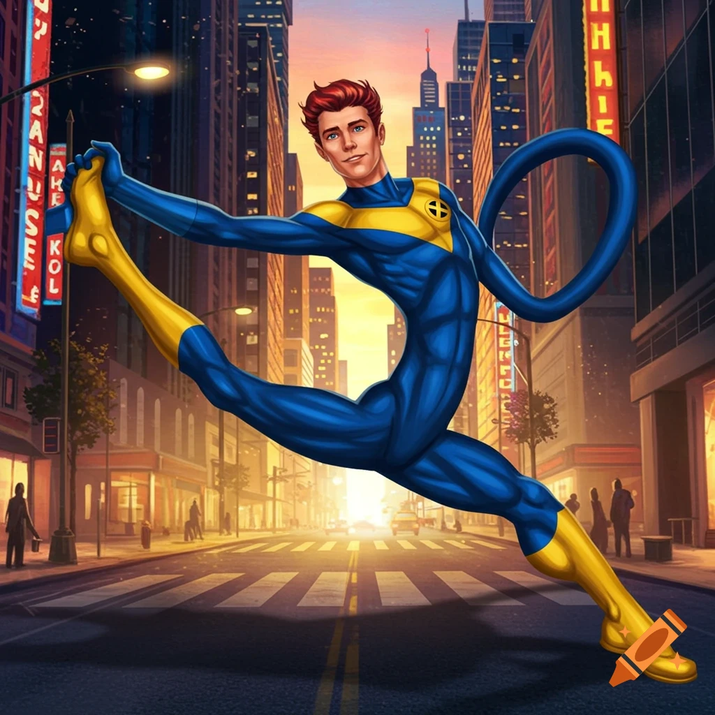 A red-haired male superhero in a blue and yellow suit stretches across a city street at sunset.