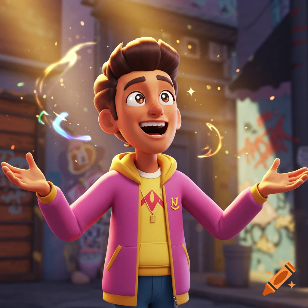 A happy animated boy with a pink jacket and yellow hoodie stands with arms outstretched, surrounded by glowing magical light in an urban setting.