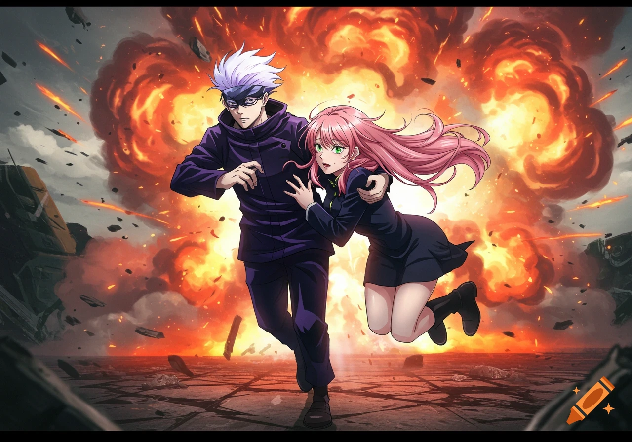 Anime man with white hair and blindfold runs while holding a pink-haired woman, escaping a large explosion behind them.