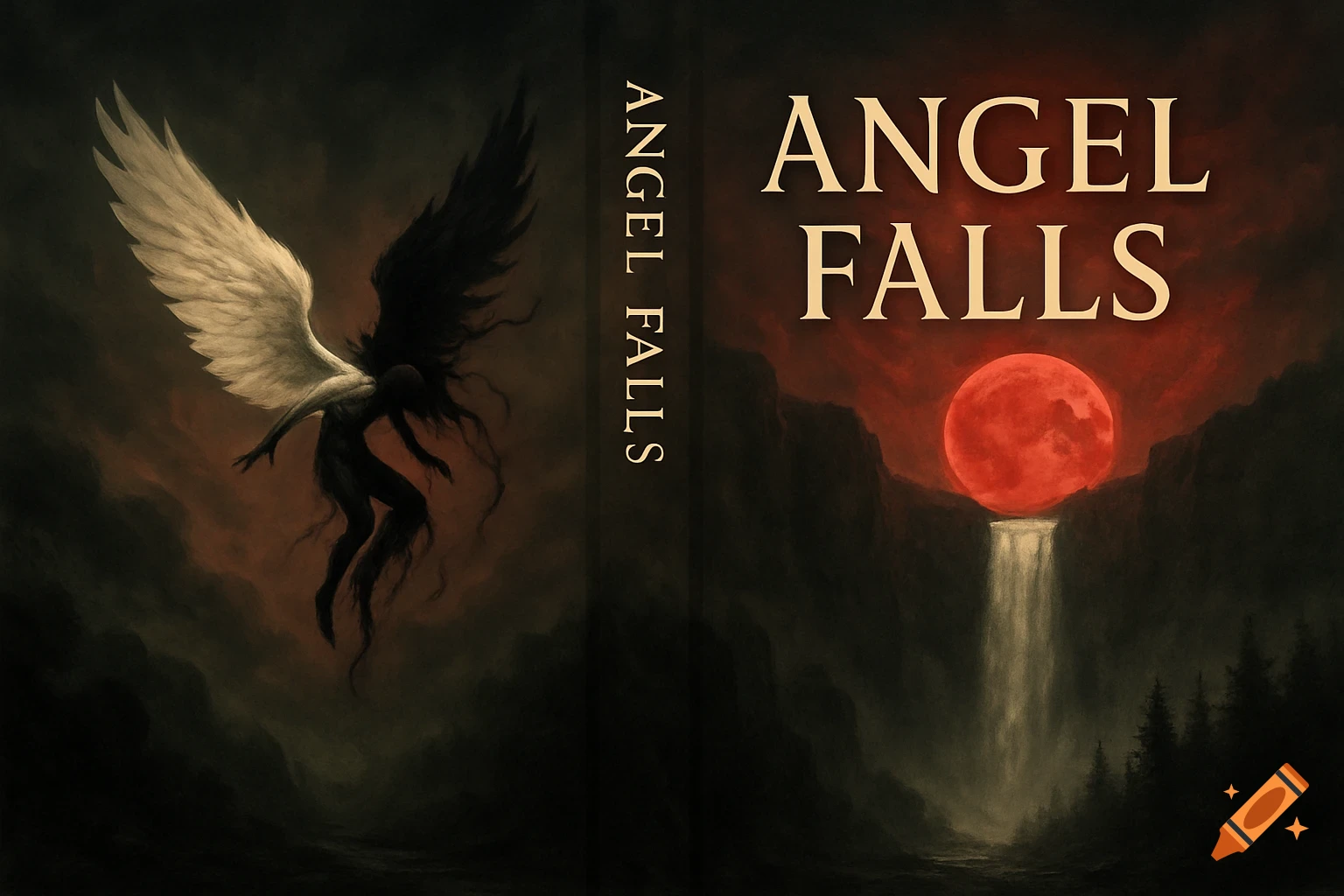 A dark fantasy book cover for "Angel Falls" features a creature with one white wing and one black wing falling, alongside a blood moon and waterfall.
