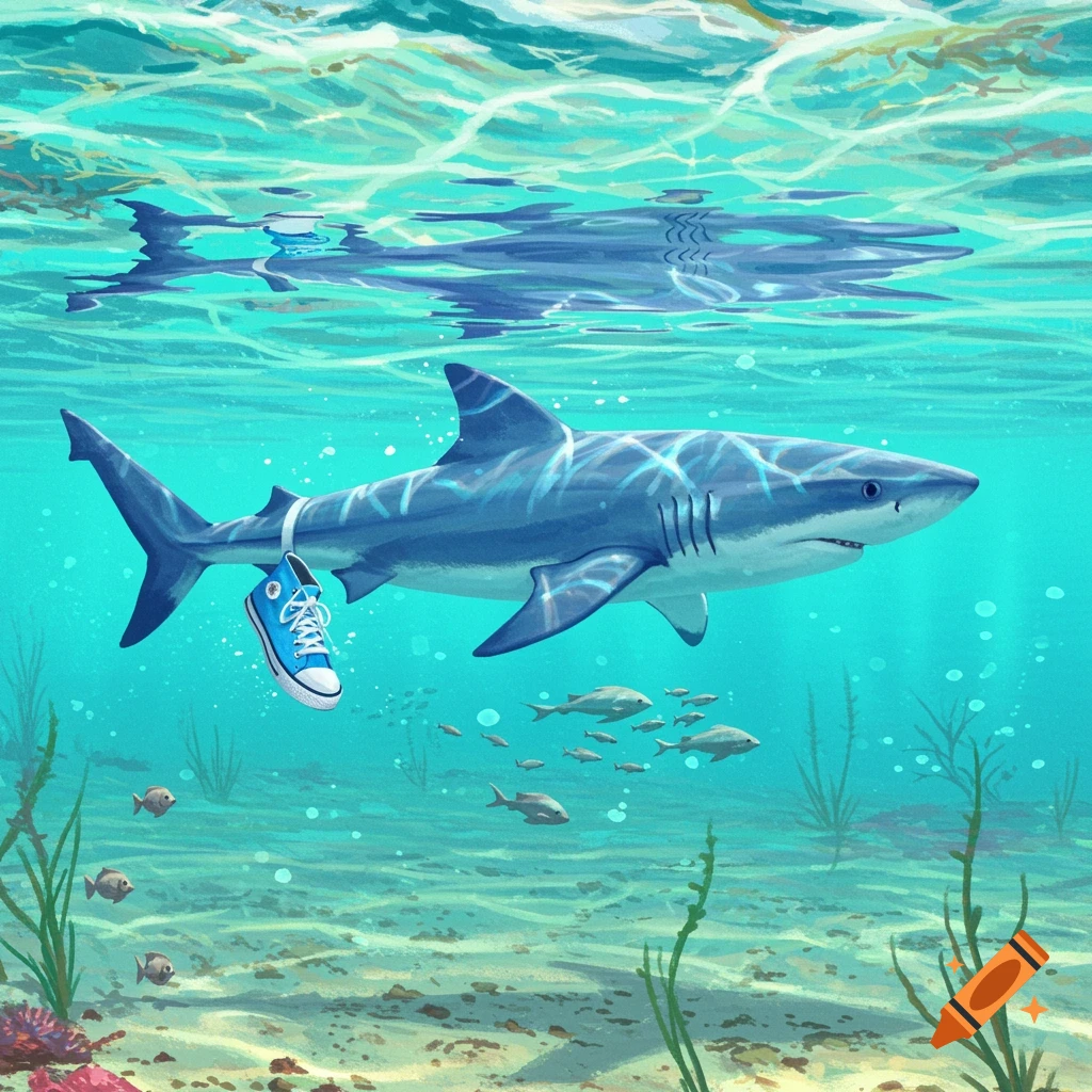 An illustration of a shark swimming underwater with a blue canvas shoe tied to its fin.