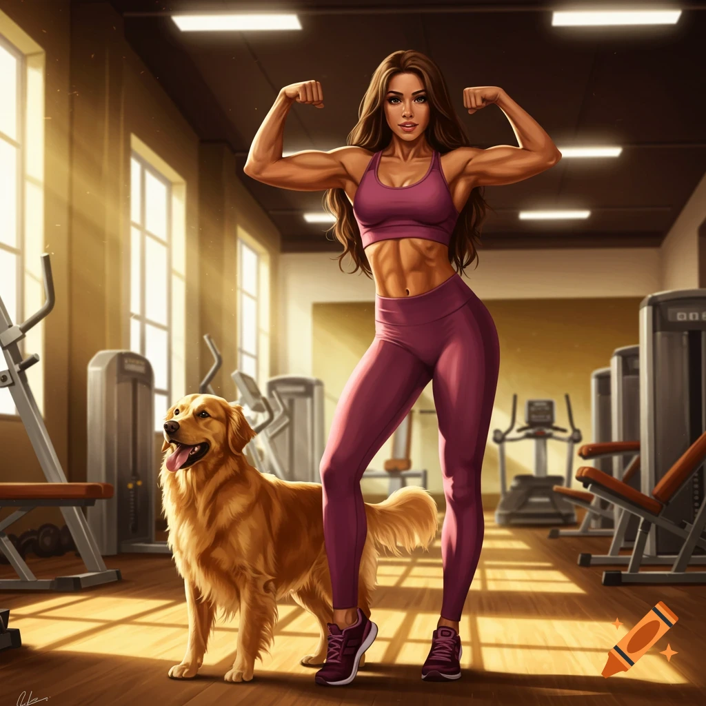 A buff woman flexing in a gym next to a golden retriever.