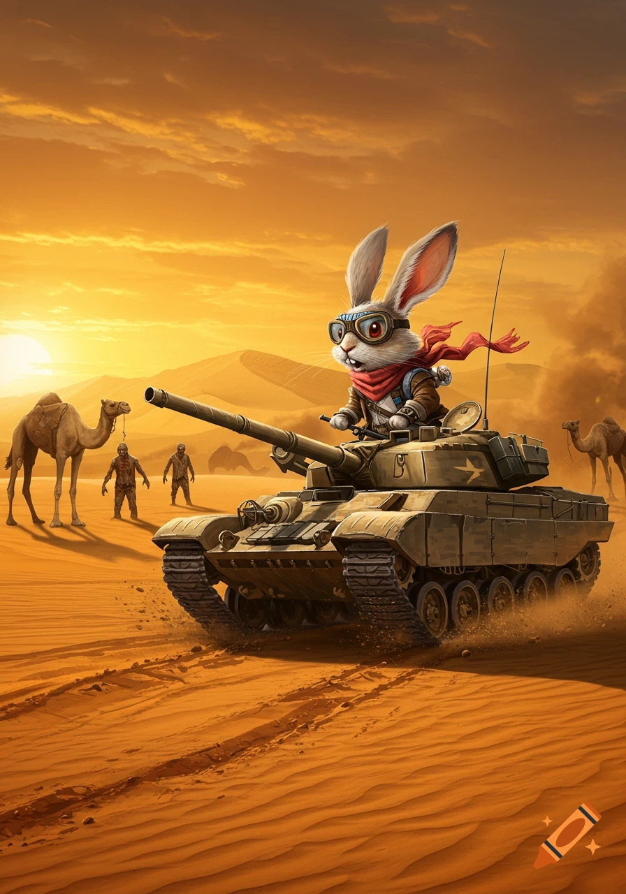 Cartoon rabbit in goggles and scarf drives a tank through a desert at sunset, with camels and shadowy figures in the background.