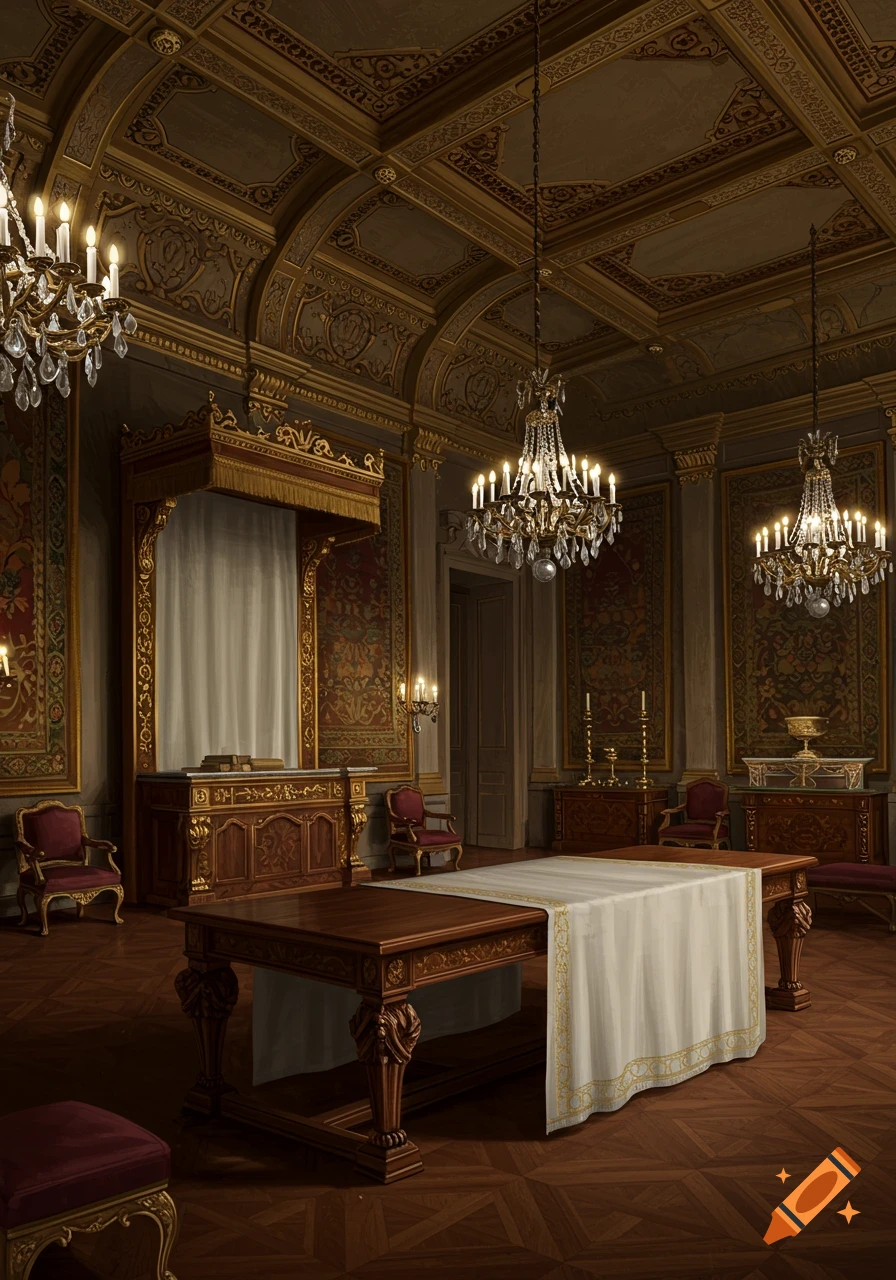 An opulent, grand hall with ornate golden decorations, multiple crystal chandeliers, a long wooden table with a white cloth, and classical furniture.
