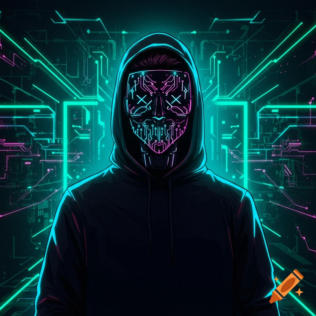 A person in a dark hoodie and glowing digital mask stands against a neon circuit board background in a cartoon style.