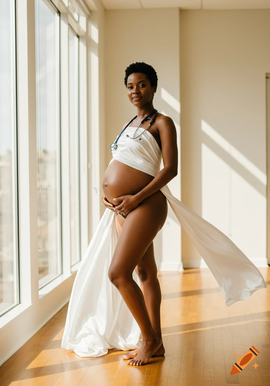 A photorealistic portrait of a pregnant woman with short dark hair, draped in white fabric with a stethoscope, standing by a sunlit window.