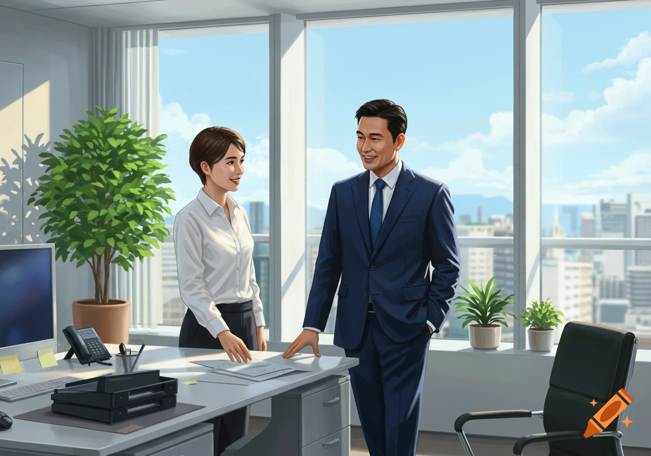 Two business professionals, a man and a woman, talk at a desk in a modern office with large windows overlooking a city skyline.