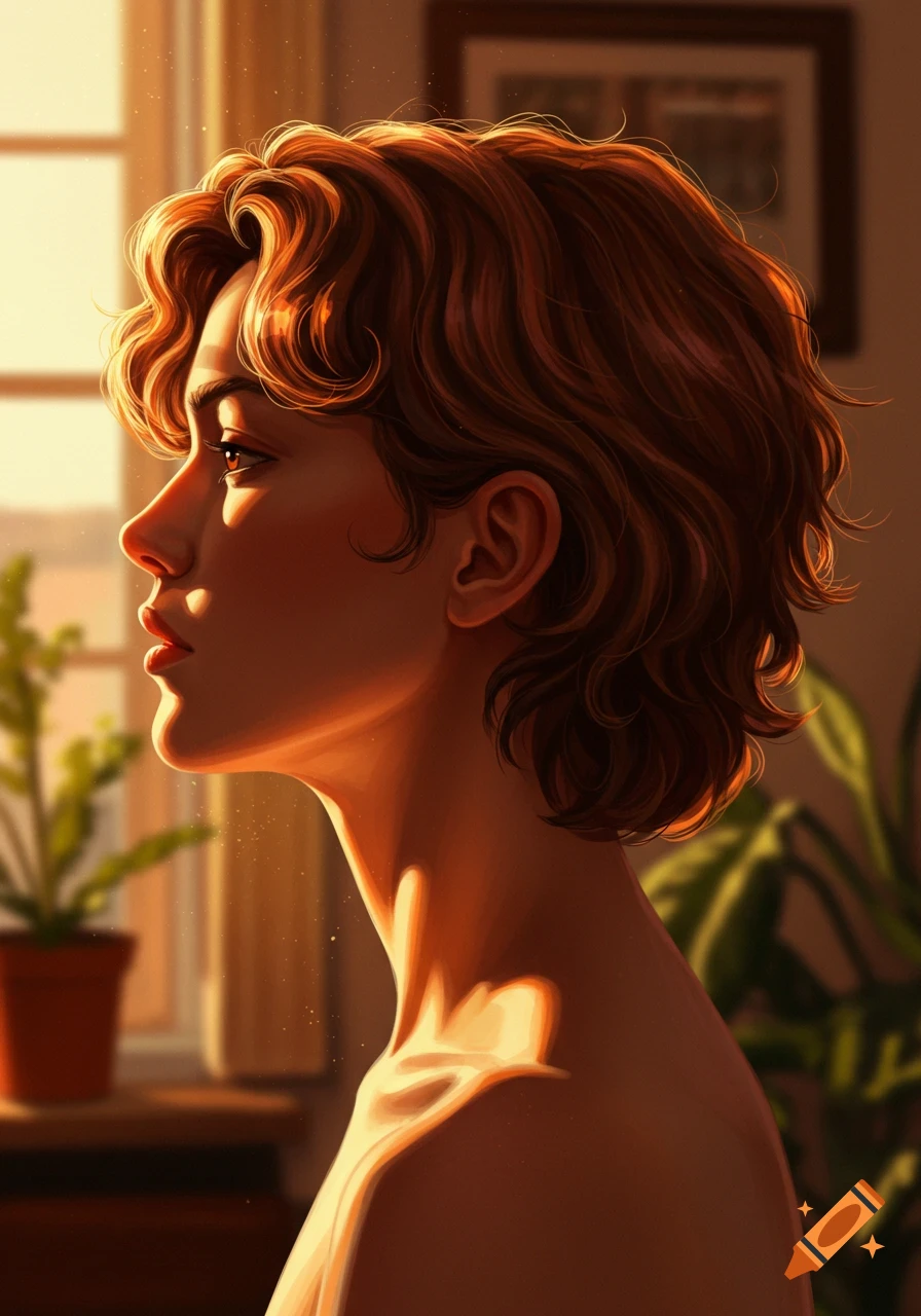 Side profile portrait of a person with wavy brown hair, bathed in golden sunlight, with plants in the background. Digital art.
