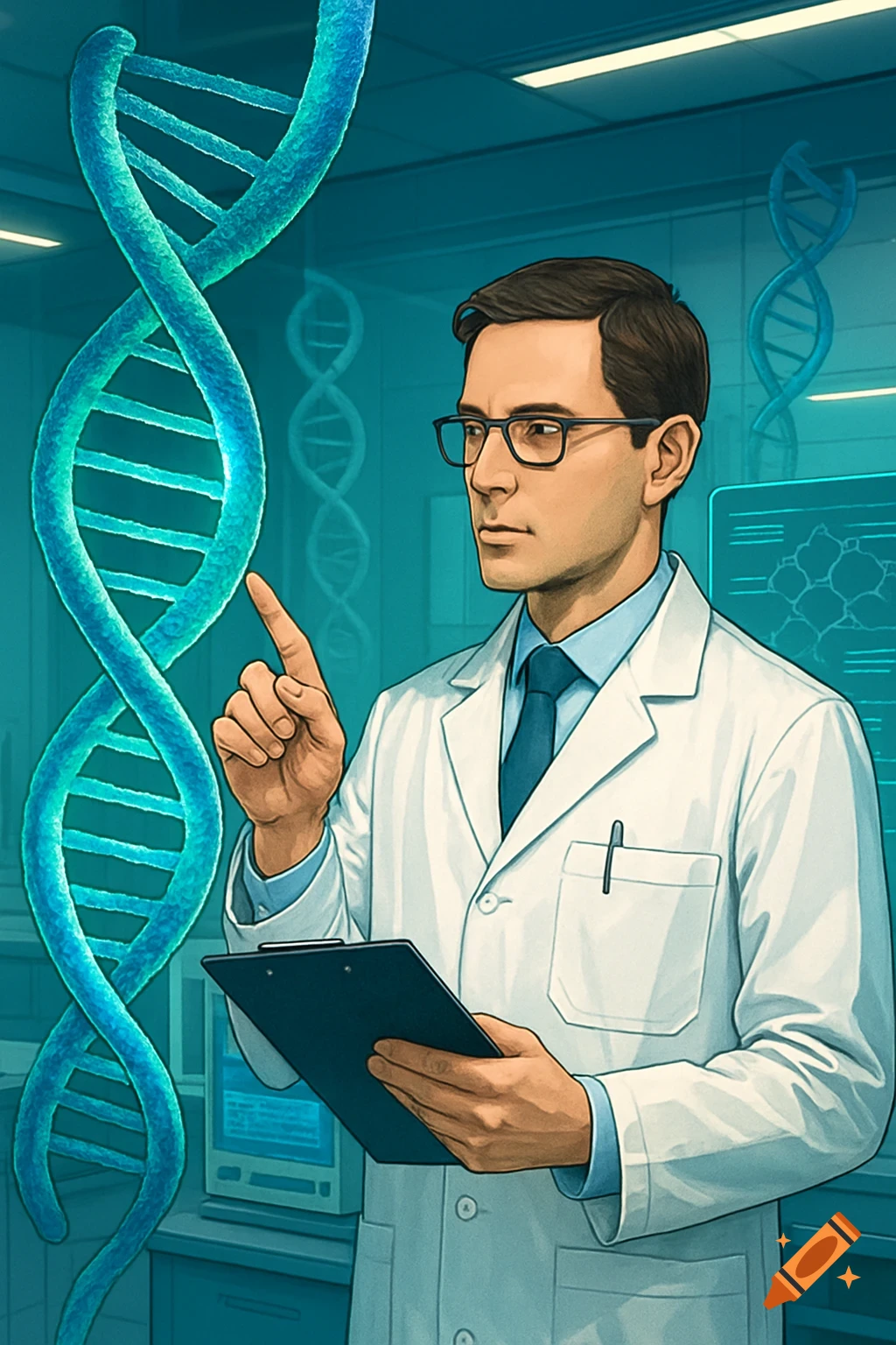 A male scientist in a lab coat points at a large, glowing blue DNA helix in a science lab, stylized illustration.