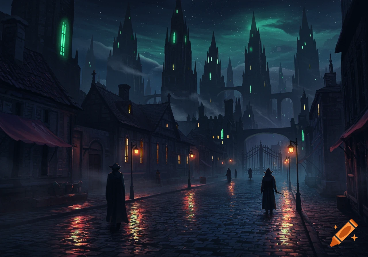 Dark, mysterious gothic city at night with towering spires, glowing green windows, and cloaked figures on a wet cobblestone street.