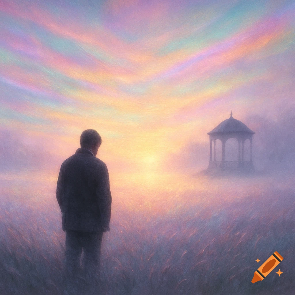 A lone person stands in a misty field facing a pastel sunset sky with a distant gazebo in a painterly style.