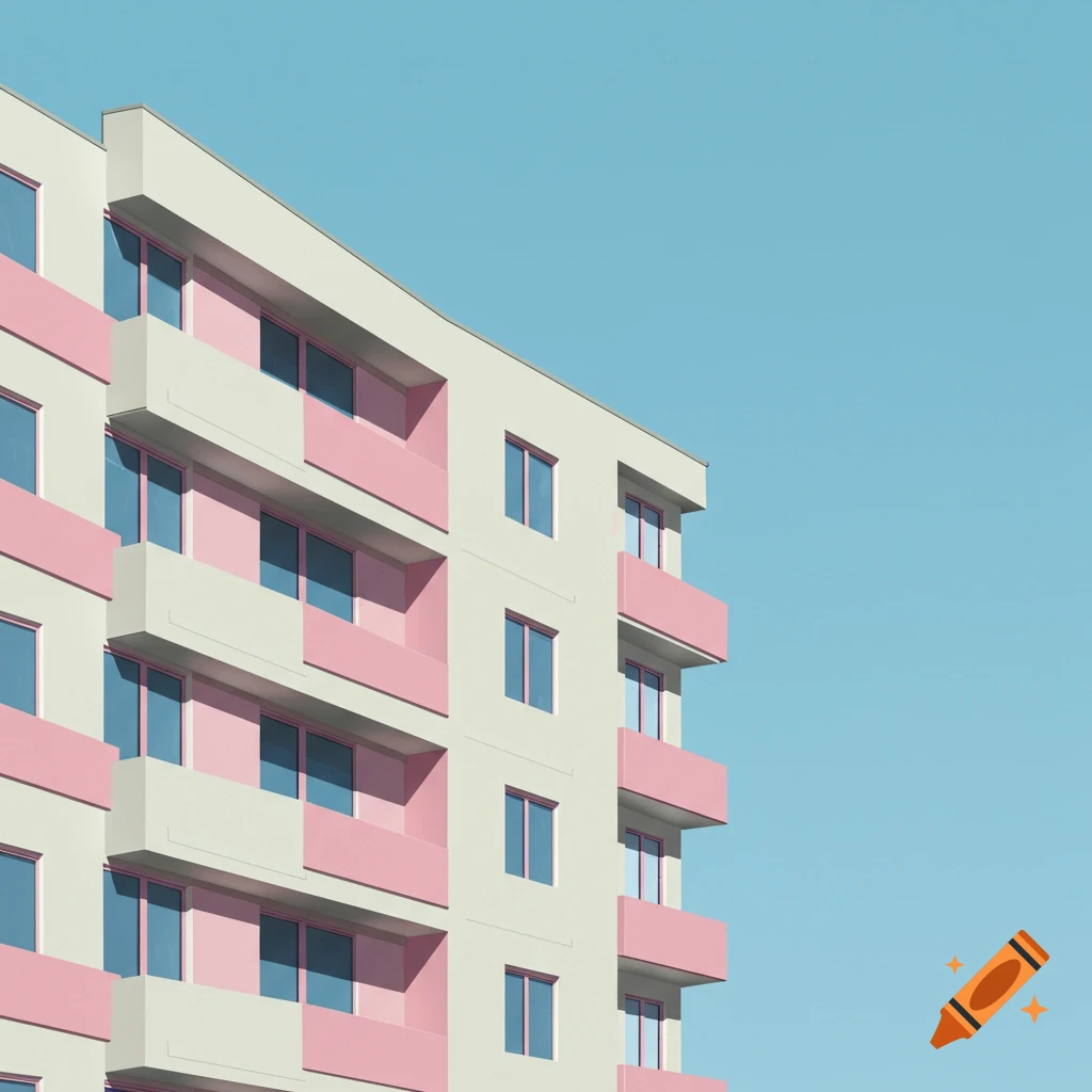Minimalist abstract view of a cream-colored apartment building with pink balconies against a clear blue sky.