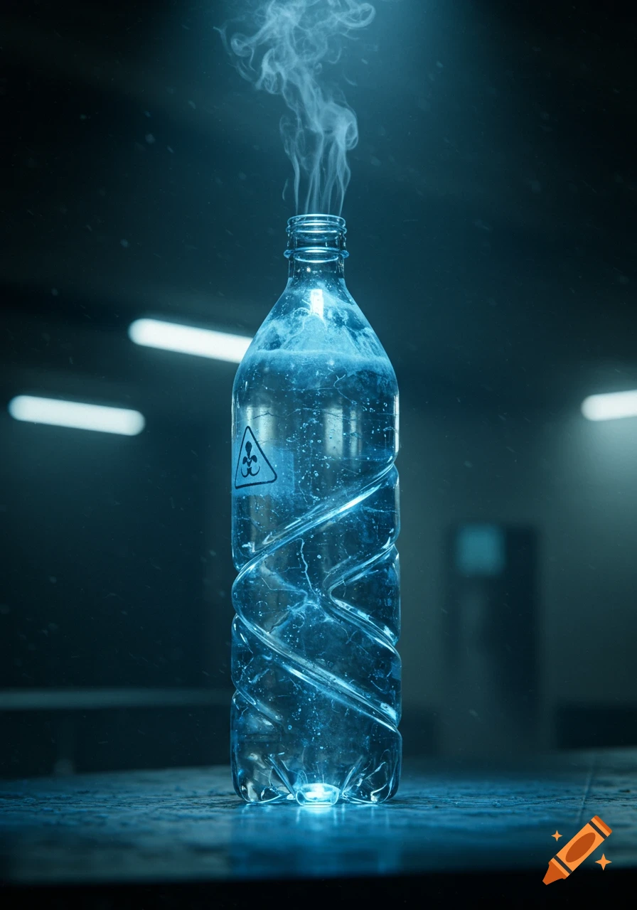 A glowing blue liquid in a plastic water bottle with a hazard symbol, emitting smoke in a dark, atmospheric setting.