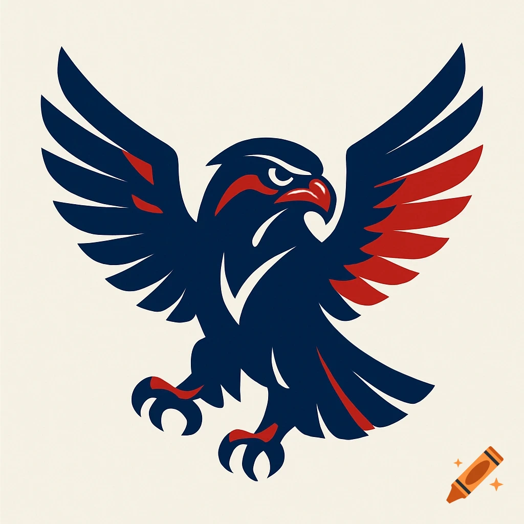 A stylized dark blue hawk logo with red accents, wings spread, against a light background.