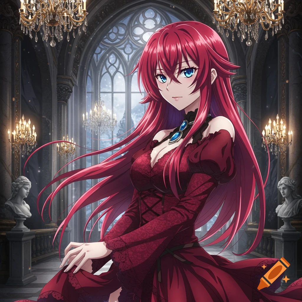Anime girl with long red hair and blue eyes in a red dress, standing in a grand gothic hall with chandeliers and large windows.