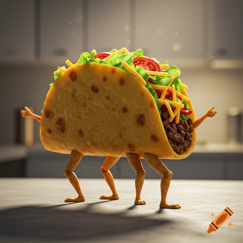 A photorealistic taco with human-like legs and arms standing on a kitchen counter.