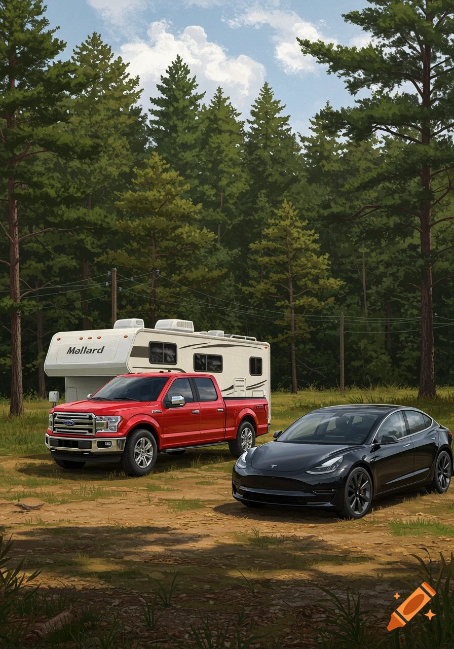 A red pickup truck, a black Tesla Model 3 car, and a white RV trailer parked in a forest clearing under a blue sky.