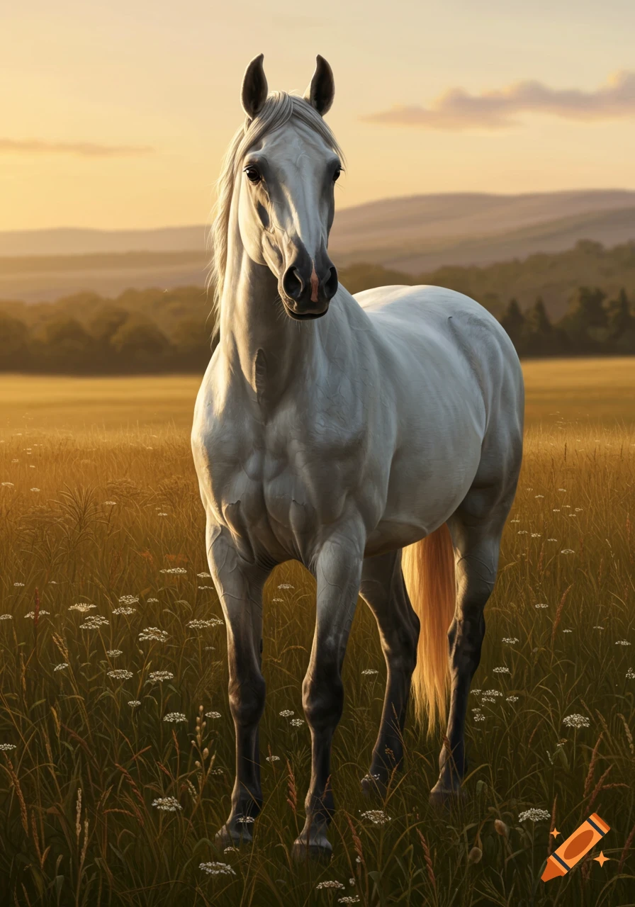A white horse stands in a golden field at sunset, with rolling hills in the background, in a photorealistic style.