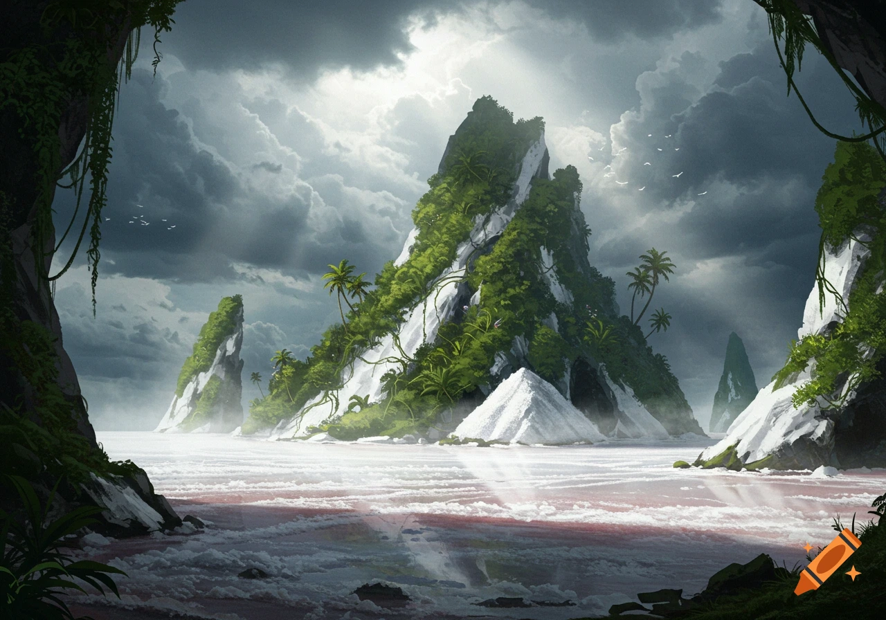 A dramatic digital painting of a lush, verdant island with white, jagged peaks rising from a reddish-pink sea under a stormy, cloudy sky. Palm trees and birds are visible.