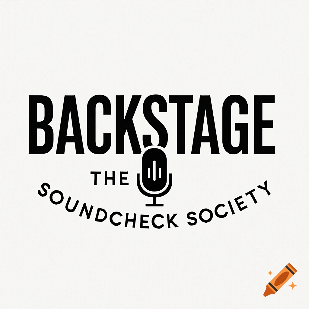 Monochrome logo for "BACKSTAGE THE SOUNDCHECK SOCIETY" with a microphone icon.