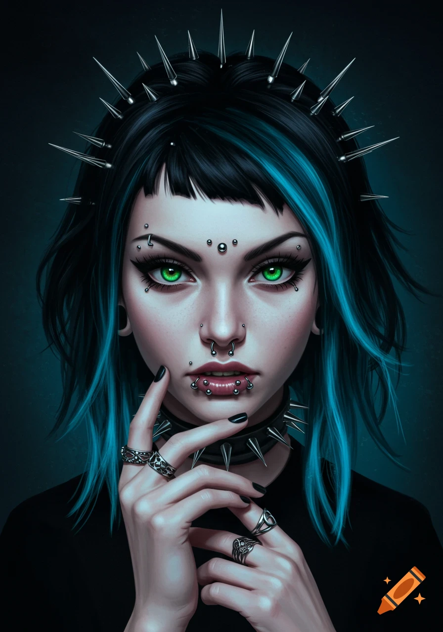 Digital art portrait of a woman with green eyes, black and blue hair, numerous facial piercings, a spiked headpiece, and rings.