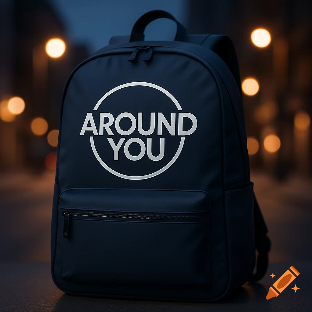 A dark blue backpack with a white 'AROUND YOU' logo in a circle, set against a blurred background of city lights at night.