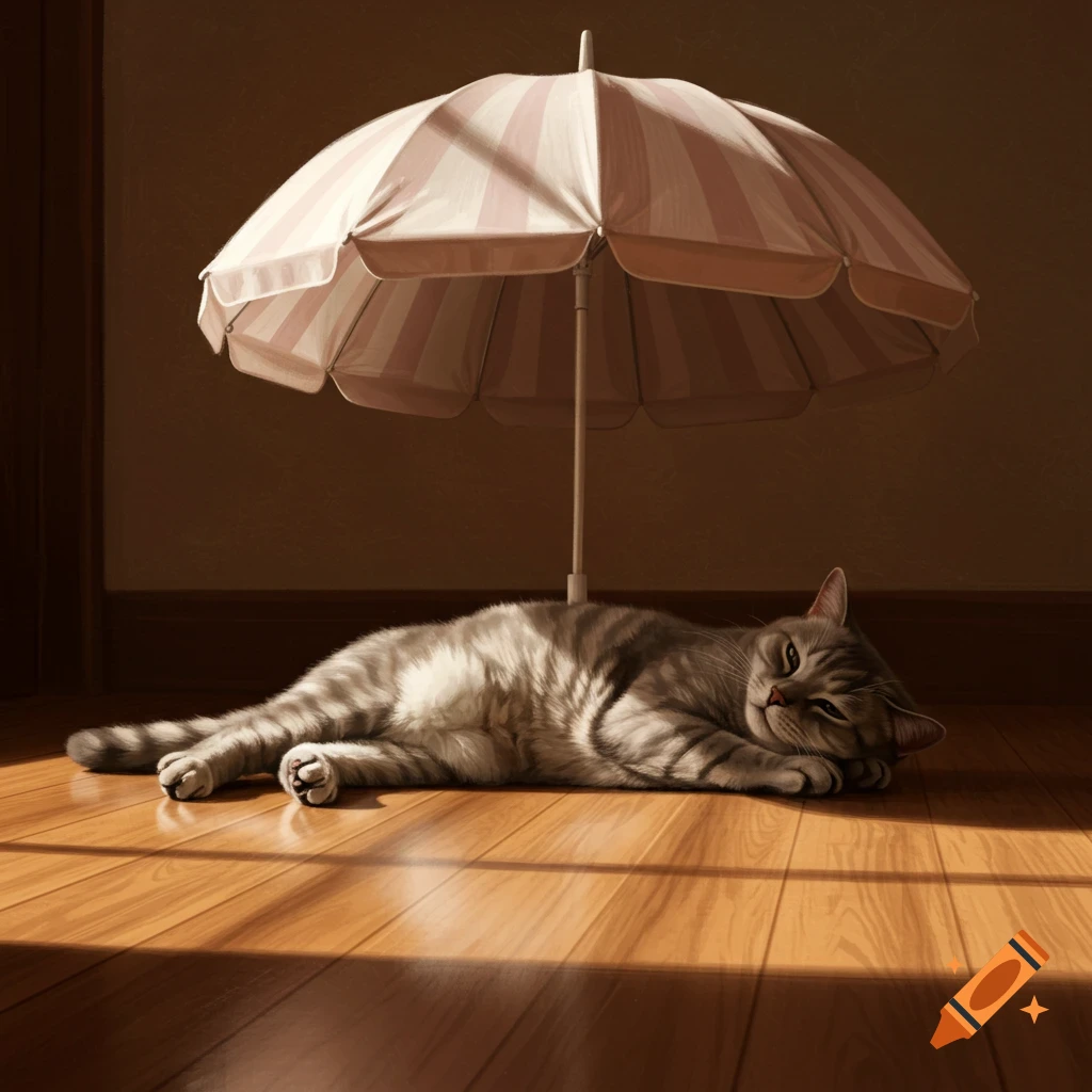 Photorealistic image of a grey tabby cat resting on a sunlit wooden floor under a striped umbrella.