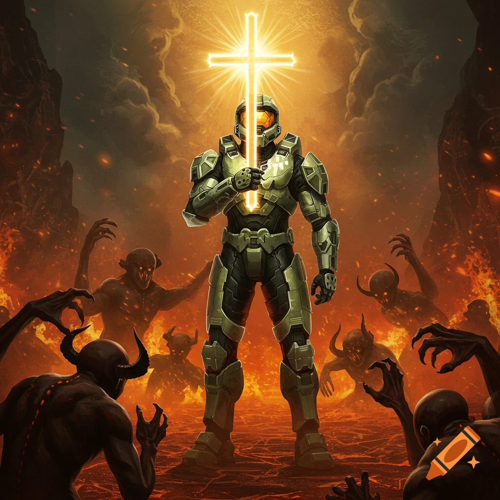 Master Chief from Halo stands defiantly in a fiery, hellish landscape, holding a glowing Christian cross as demons reach for him.