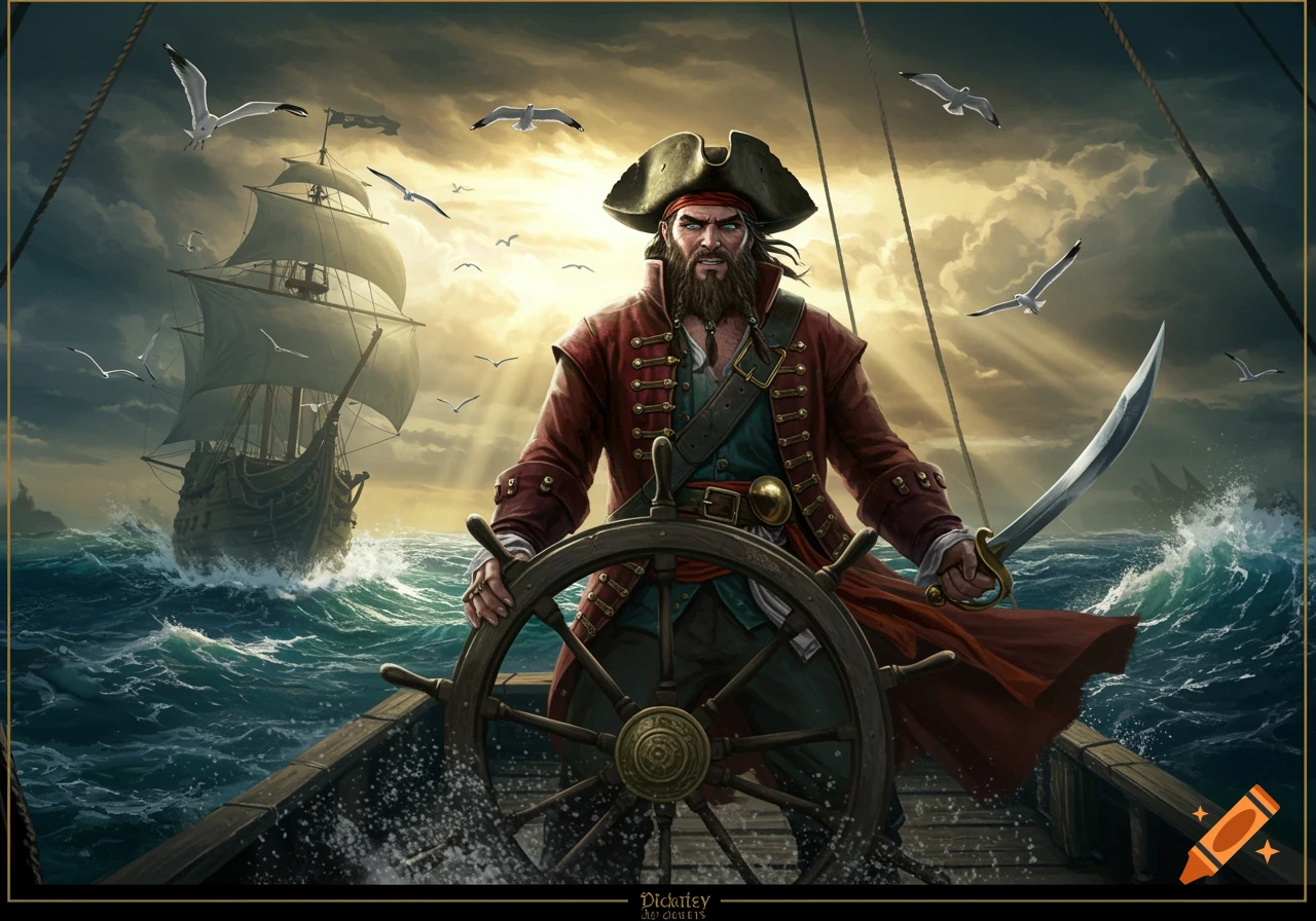 A bearded pirate in a red coat steers a ship's wheel on a stormy sea with another ship in the background and gulls flying under a dramatic sky.