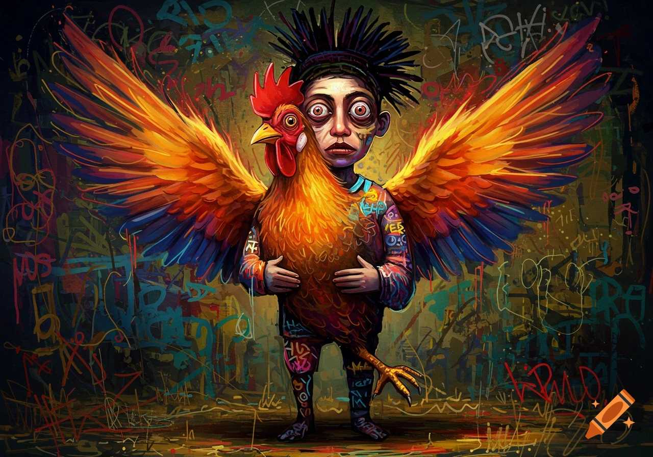 A stylized person with wide eyes and spiky hair holds a large rooster with vibrant orange and blue wings. The background is a chaotic graffiti wall.