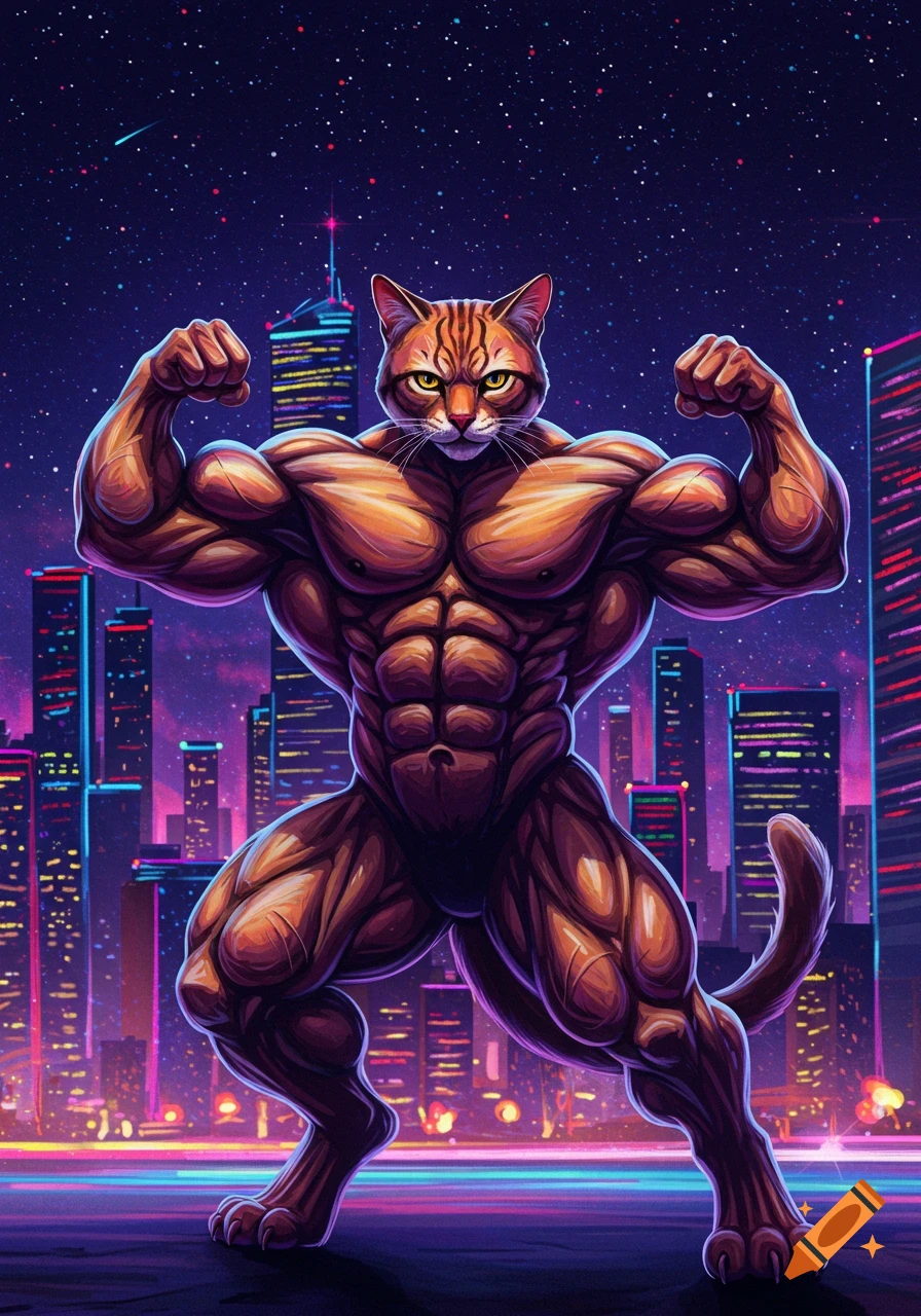 A muscular anthropomorphic cat flexing its biceps against a neon-lit futuristic cityscape at night.