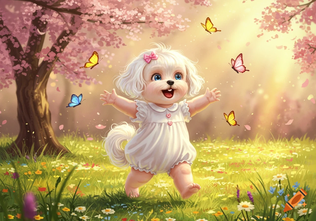 A cute, fluffy white Maltese puppy in a white dress runs through a field of colorful flowers with butterflies and cherry blossoms.