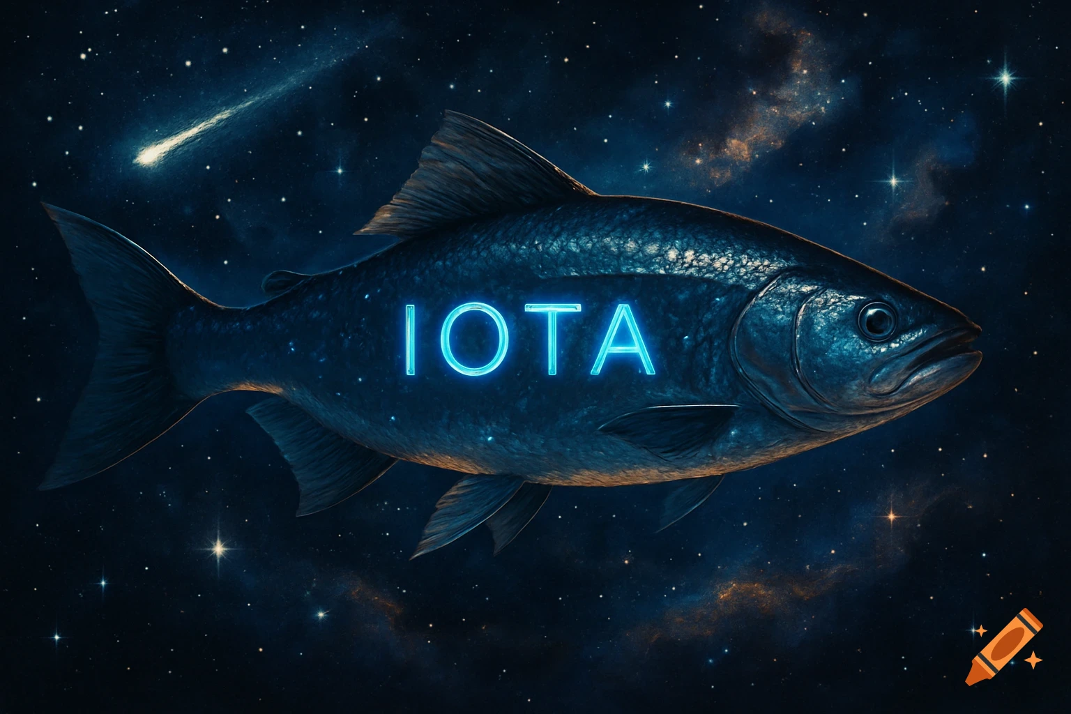 A fish with glowing IOTA text on its side swims through a starry blue and purple space with a comet.