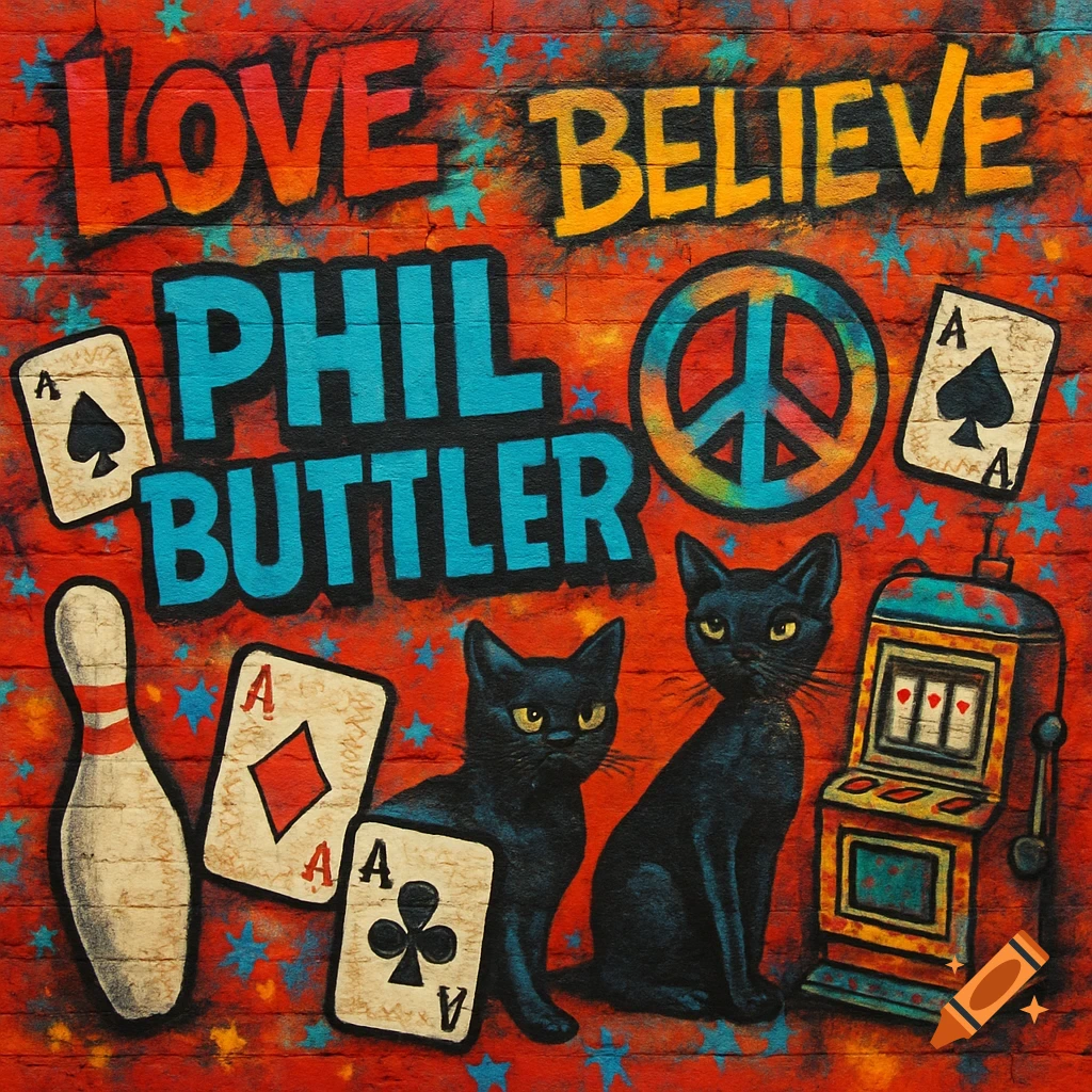 Vibrant graffiti art on a brick wall featuring black cats, playing cards, a bowling pin, a slot machine, a peace sign, and the words LOVE, BELIEVE, and PHIL BUTTLER.