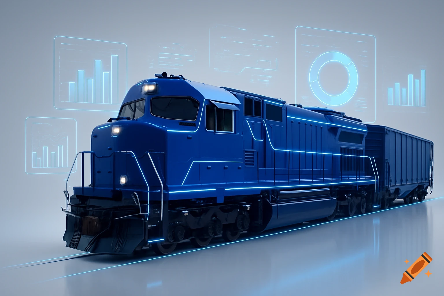 Sleek blue diesel locomotive with a freight car in a futuristic studio setting, featuring glowing holographic digital charts.