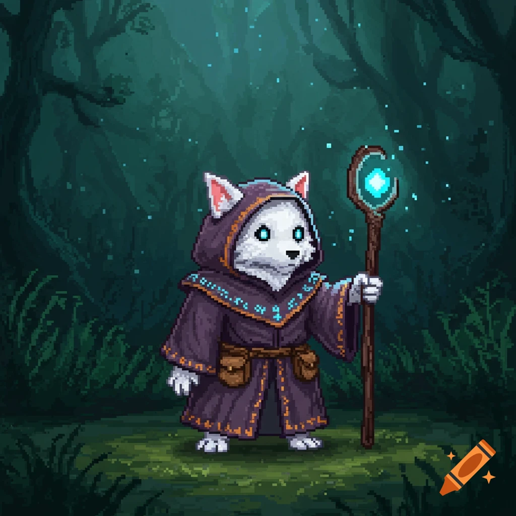 A pixel art white-furred creature in a dark hooded robe holding a glowing staff in a magical forest.