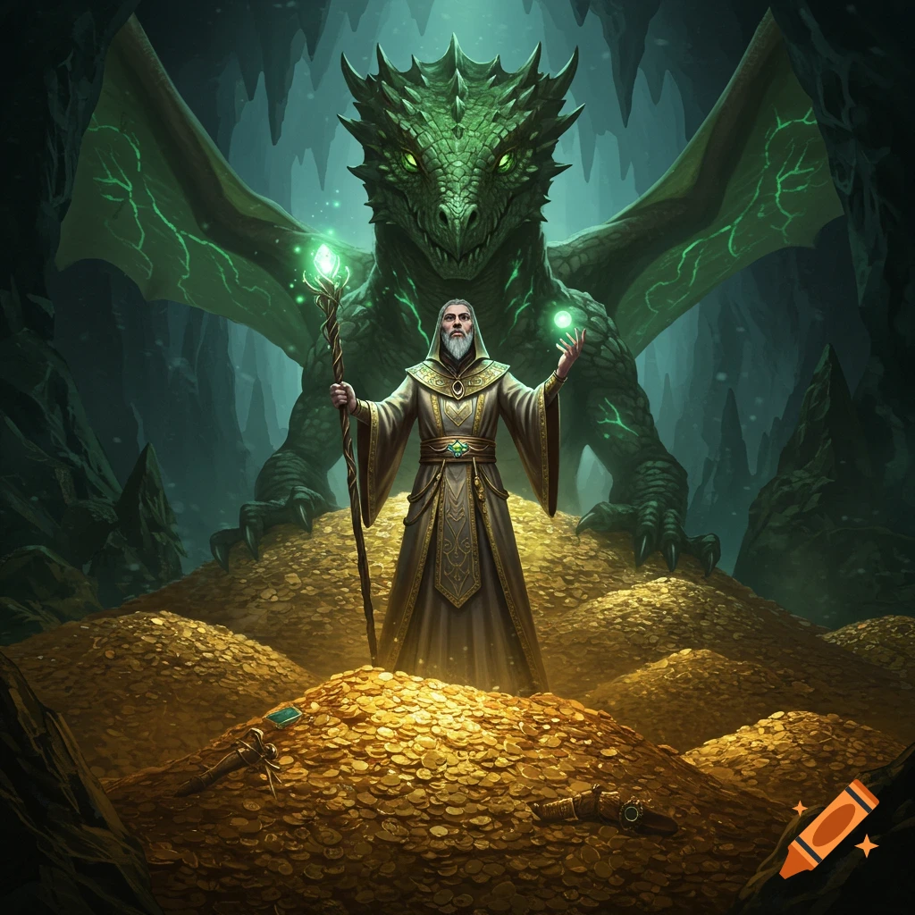 A sorcerer stands on a pile of gold coins in a cave, with a large green dragon behind him.