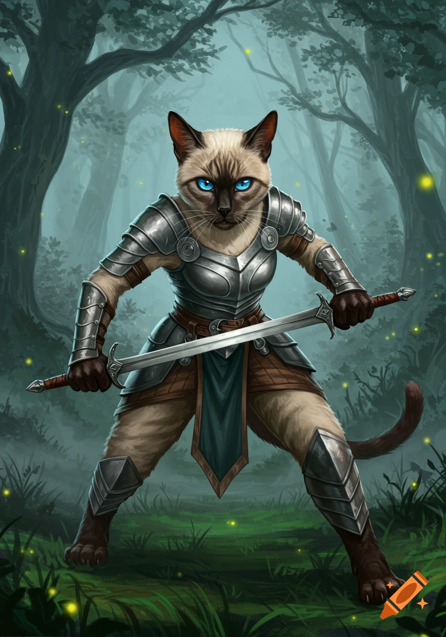 A Siamese cat warrior in shining armor stands ready with two swords in a misty forest, digital painting.