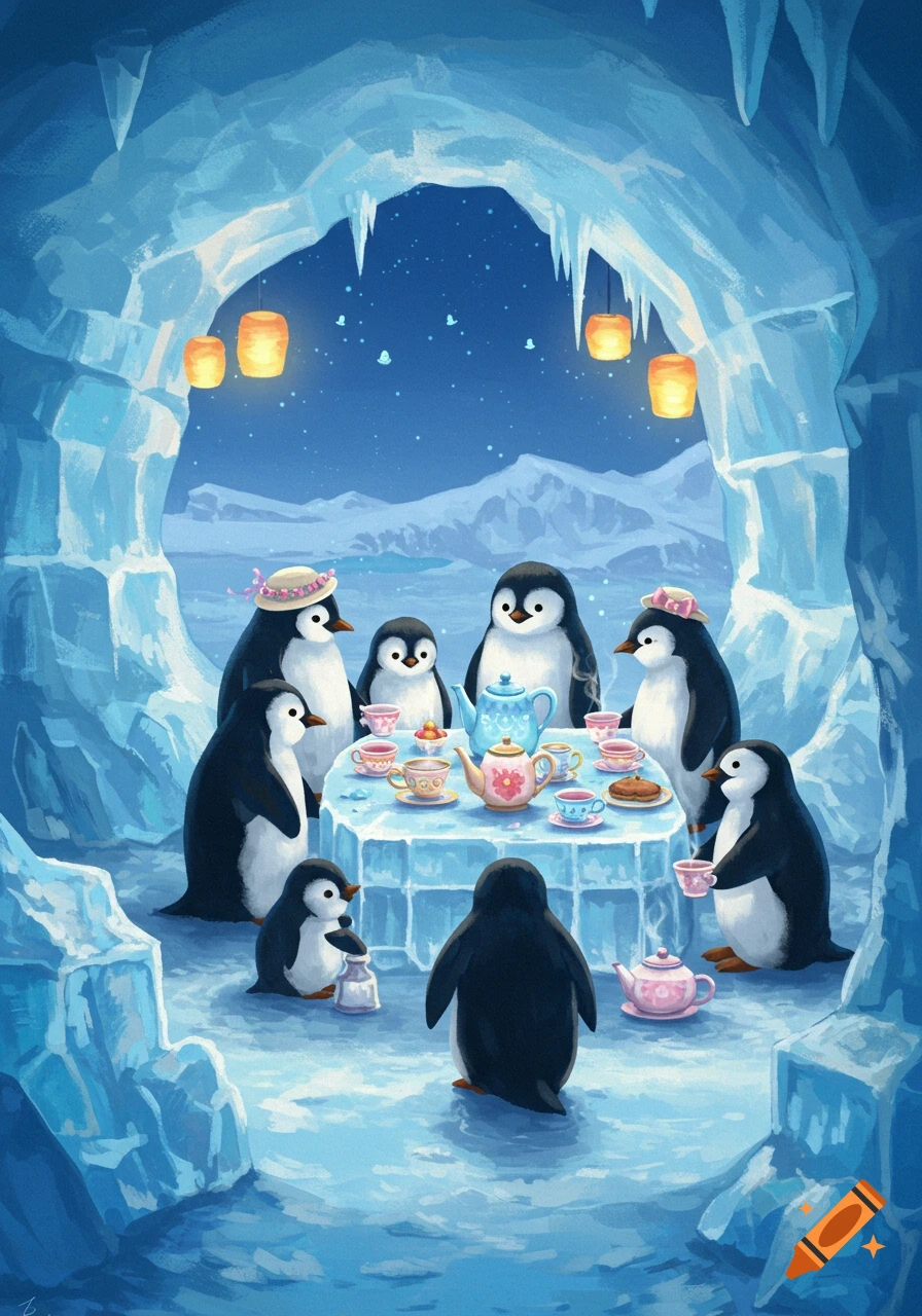 Whimsical illustration of penguins having a tea party inside a glowing ice cave.