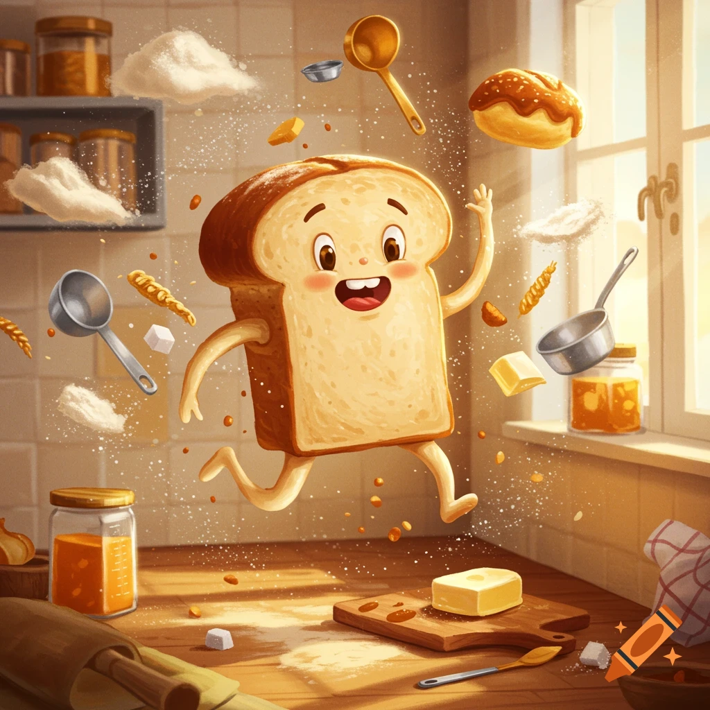 A happy cartoon slice of bread with arms and legs runs and jumps in a sunlit kitchen, surrounded by floating flour, butter, and baking ingredients.