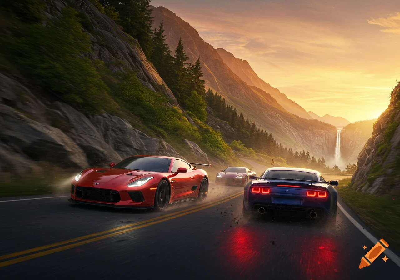 Three sports cars race on a winding mountain road with a waterfall under a sunset sky, photorealistic.