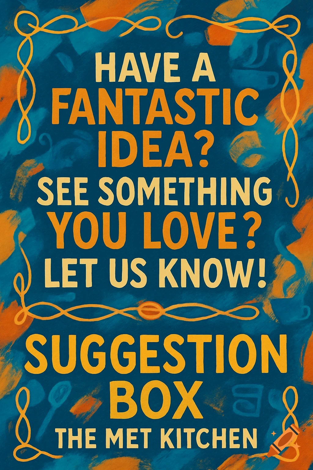 A blue sign with orange and yellow text reading 'Suggestion Box The Met Kitchen', with decorative swirls and brushstrokes.