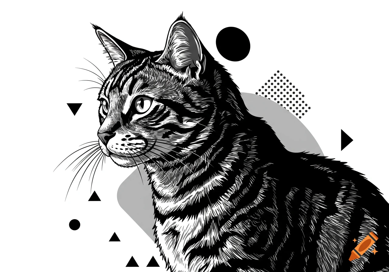 Black and white vector art illustration of a tabby cat with abstract geometric shapes.